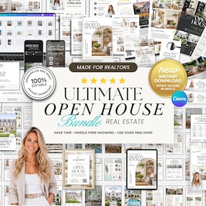Op de afbeelding: Een digitaal marketingpakket voor makelaars met sjablonen voor flyers, woningbrochures en bewegwijzering. De collectie bevat Canva-compatibele ontwerpen met de tekst Ultimate Open House Bundle voor vastgoedpresentaties.