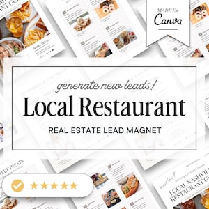 May include: A white and gray digital marketing lead magnet for real estate agents. The lead magnet is titled "Local Restaurant" and features a list of local restaurants. The text "generate new leads!" is written in bold, black text.