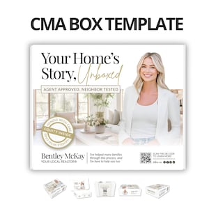 May include: A white CMA Box Template with the text "Your Home's Story, Unboxed" and "Agent Approved. Neighbor Tested." The image includes a woman in a white blazer and the Bentley McKay logo. The box has a "Handle with Care" sticker.