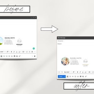May include: A before and after image showing how to add a professional email signature. The before image shows a simple email signature with a logo and contact information. The after image shows a more detailed signature with a photo, contact information, and social media links.