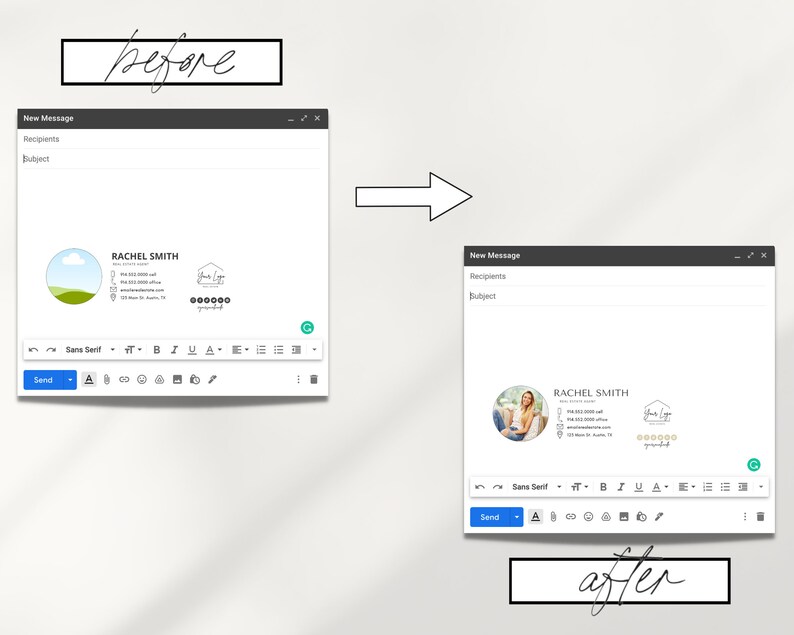 May include: A before and after image showing how to add a professional email signature. The before image shows a simple email signature with a logo and contact information. The after image shows a more detailed signature with a photo, contact information, and social media links.