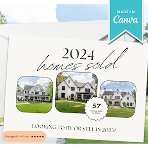 Vastgoedlandbouw ansichtkaartsjabloon 2025 | Verkochte woningen Jaaroverzicht Mailercanva-marketingsjabloon | Verkochte Home-statistieken | Eindejaarsrecensie