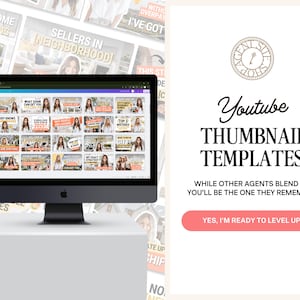 May include: A computer monitor displays a collection of YouTube thumbnail templates. The screen shows various designs with images and text. The image also includes text that says "Youtube Thumbnail Templates" and "Yes, I'm ready to level up."