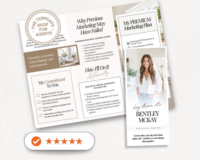 May include: A marketing brochure for real estate agents. The brochure features a checklist of services, a section on why previous marketing may have failed, and a section on how the agent will do things differently. The brochure also includes a photo of the agent and a tagline that says "Let me show you why your home didn't sell - and how we can change that together."