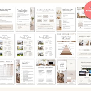 May include: A presentation for selling a home, with sections on potential outcomes, similar active homes, currently pending homes, recently sold homes, impact of price on visibility, pricing your home to sell, estimated net proceeds, my proactive approach, marketing touchpoints, home buying today, and internet exposure.