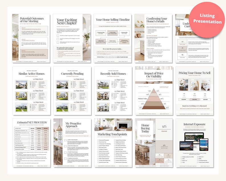 May include: A presentation for selling a home, with sections on potential outcomes, similar active homes, currently pending homes, recently sold homes, impact of price on visibility, pricing your home to sell, estimated net proceeds, my proactive approach, marketing touchpoints, home buying today, and internet exposure.