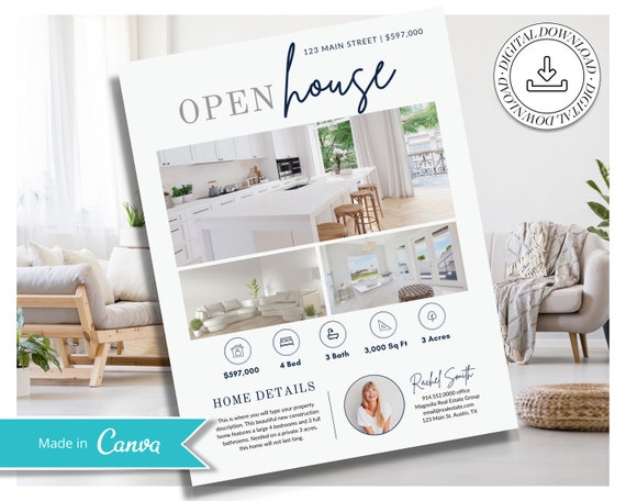 Open House Flyer | Real Estate Open House Flyer Template | Just Listed Flyer | Real Estate Marketing |  Editable Canva Template | Postcard