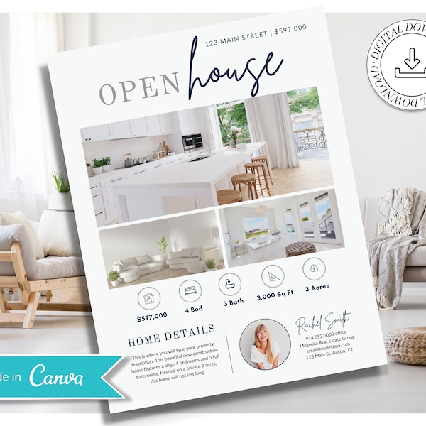 Open House Flyer | Real Estate Open House Flyer Template | Just Listed Flyer | Real Estate Marketing |  Editable Canva Template | Postcard