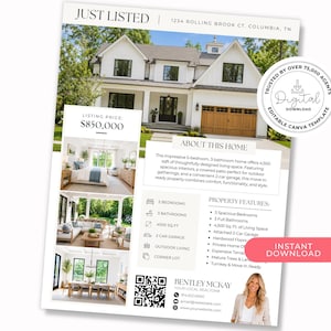 May include: A real estate flyer template featuring a white house with a wooden garage, interior photos of a bedroom, patio, and dining room, with text including JUST LISTED, 1234 ROLLING BROOK CT, COLUMBIA, TN, $850,000, and property features.