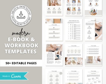 May include: A set of 50+ editable e-book and workbook templates in a modern design. The templates are made for Canva and feature a neutral color palette with a digital download icon. The text on the image reads "modern e-book & workbook templates 50+ editable pages made in Canva".