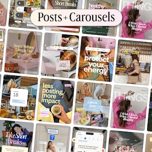 May include: A digital collection of social media post and carousel templates featuring various lifestyle imagery, coffee, interior settings, and text overlays including phrases like Posts + Carousels, Simple Wellness Habits, and Protect Your Energy.