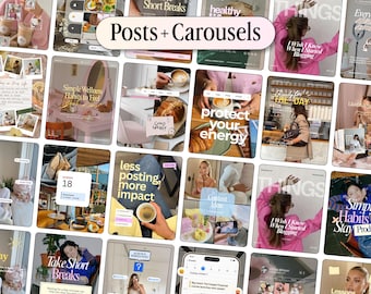 May include: A digital collection of social media post and carousel templates featuring various lifestyle imagery, coffee, interior settings, and text overlays including phrases like Posts + Carousels, Simple Wellness Habits, and Protect Your Energy.