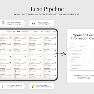 The image is a screenshot of a sales pipeline dashboard, which displays various stages of the sales process and the lead pipeline. The dashboard includes a list of leads, a search field, and a form for entering contact information.
