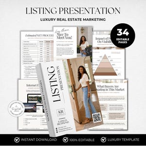 Puede incluir: Un conjunto de plantillas de marketing digital para presentaciones de bienes raíces de lujo, con 34 páginas editables. Los documentos incluyen gráficos, texto e imágenes, con una portada destacada titulada Listing Presentation y una persona en una puerta.