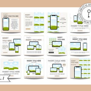 May include: Nine different social media post templates featuring a landscape scene with a phone or computer screen. The templates are designed for promoting a business or product online. The text "Insert Title Here" is included in each template.