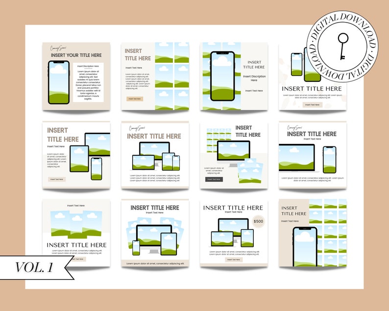 May include: Nine different social media post templates featuring a landscape scene with a phone or computer screen. The templates are designed for promoting a business or product online. The text "Insert Title Here" is included in each template.