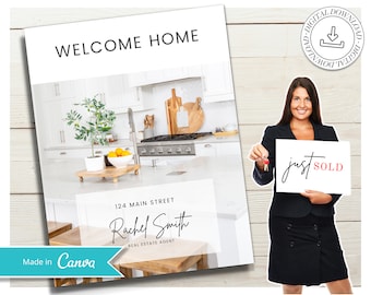 May include: A welcome home sign with a photo of a kitchen, the text "Welcome Home", "124 Main Street", "Rachel Smith", "Real Estate Agent", and "Made in Canva". A woman holds a sign that says "just SOLD".