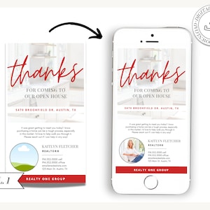 May include: A red and white thank you card with the text "Thanks for coming to our open house" and the address "5470 Brookfield Dr. Austin, TX". The card also includes a photo of a kitchen and a realtor's contact information.