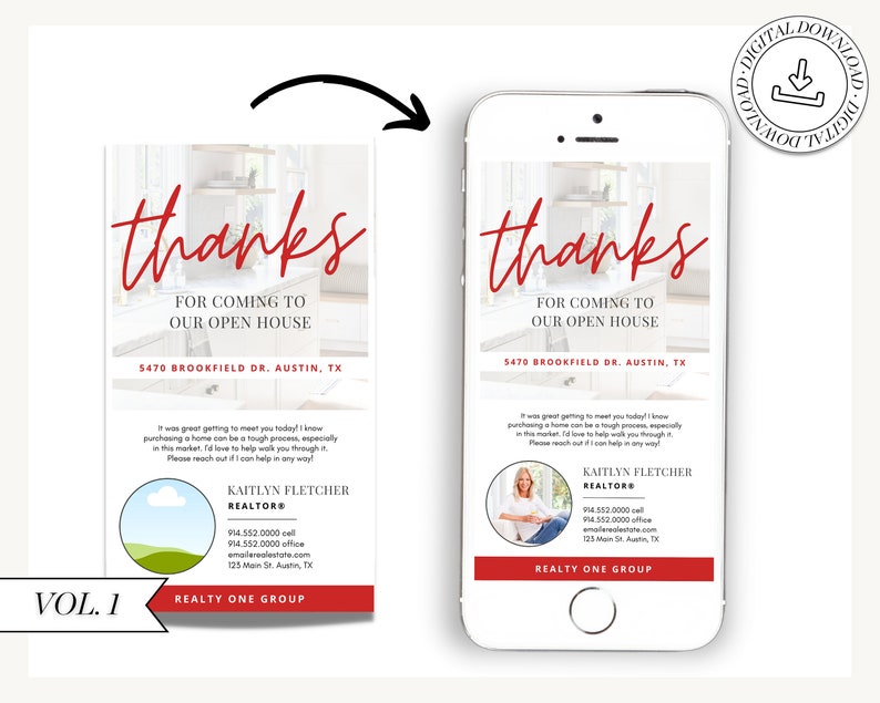 May include: A red and white thank you card with the text "Thanks for coming to our open house" and the address "5470 Brookfield Dr. Austin, TX". The card also includes a photo of a kitchen and a realtor's contact information.