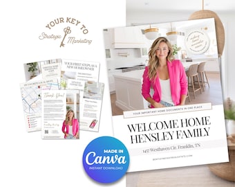 May include: A marketing graphic featuring the text "Your Key to Strategic Marketing" and "Welcome Home Hensley Family." The image includes a woman in a pink blazer and several informational brochures. A blue circle with "Made in Canva" is also present.
