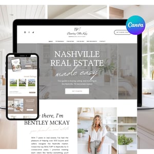 May include: A laptop computer displaying a website for a real estate agent in Nashville, Tennessee. The website features a photo of a modern kitchen and the text "Nashville Real Estate made easy". The website also includes a photo of the real estate agent, Bentley McKay, and a call to action to "Get Started".