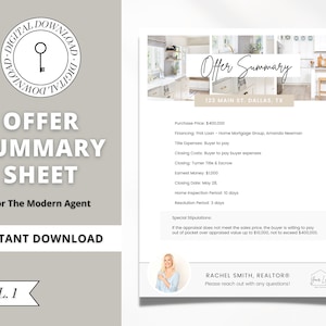 May include: A printable offer summary sheet for real estate agents. The sheet includes a purchase price of $400,000, financing details, closing costs, and special stipulations. The sheet is designed for a modern agent and includes a logo placeholder.