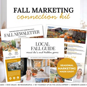 以下が含まれることがあります： 「FALL MARKETING connection kit」のテキストが入ったマーケティングキット。キットには、秋のニュースレターと地元の秋のガイドが含まれています。ガイドには、カボチャや秋のシーンの写真が掲載されています。このキットは、リードを生成し、価値を提供するために設計されています。