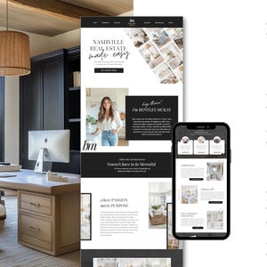 May include: A website homepage for a real estate agent in Nashville, Tennessee. The website features a black and white color scheme with a photo of the agent and text that says "Nashville Real Estate made easy." The website also includes a call to action to "Get in touch today."