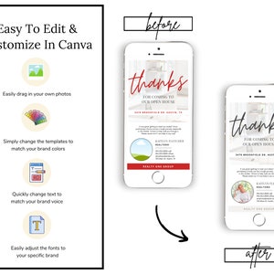 May include: A before and after image showing how to customize a mobile phone screen for an open house event. The before image shows a generic design with a white background and black text. The after image shows a more personalized design with a photo of a realtor, a green and blue landscape image, and a red button. The text on the screen says "Thanks for coming to our open house".