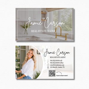 May include: A rectangular business card design featuring a kitchen interior on the front with the text Jamie Carson Real Estate Agent. The back displays a portrait, contact details, address, and a QR code with the text Scan to learn more.