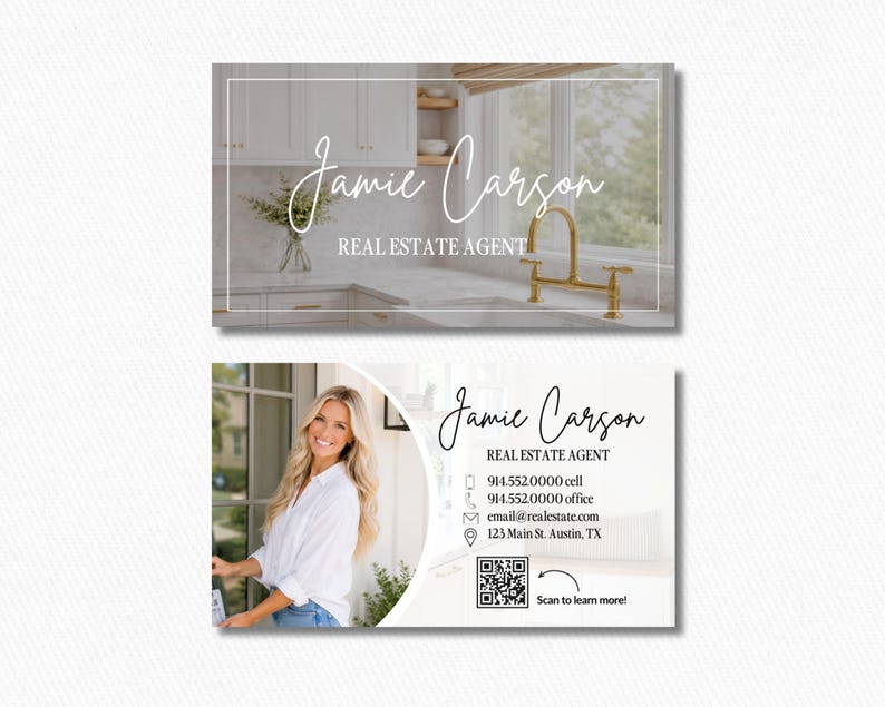 May include: A rectangular business card design featuring a kitchen interior on the front with the text Jamie Carson Real Estate Agent. The back displays a portrait, contact details, address, and a QR code with the text Scan to learn more.