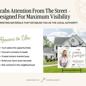 May include: An open house sign in front of a white house with green grass. The sign features a photo of a woman, the words "Open House", and the realtor's contact information. The image also includes text about marketing materials.