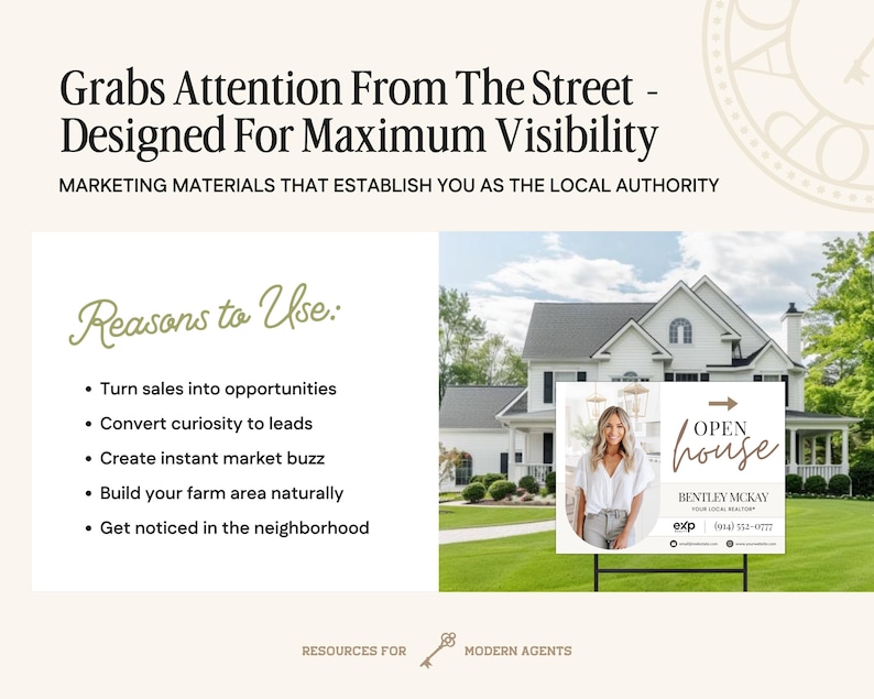 May include: An open house sign in front of a white house with green grass. The sign features a photo of a woman, the words "Open House", and the realtor's contact information. The image also includes text about marketing materials.