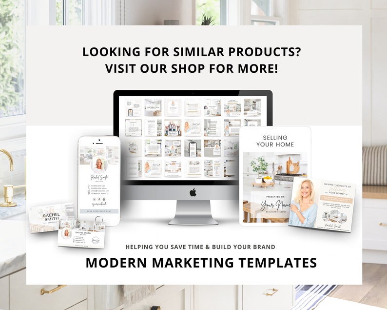 May include: A collection of modern marketing templates for real estate agents. The templates include social media posts, email templates, and more. The templates are designed to help real estate agents save time and build their brand.