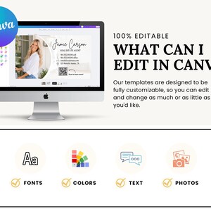 May include: A computer monitor displaying a customizable real estate business card template in Canva. The screen shows a photo, contact details, and a QR code. Text reads 100% EDITABLE WHAT CAN I EDIT IN CANVA? Icons below indicate fonts, colors, text, and photos.