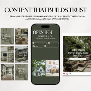 a collage of various real estate-related images, including a smartphone displaying a content creation page for a real estate company, and a social media post featuring a house with a patio.