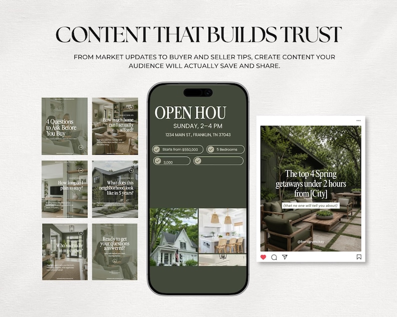 a collage of various real estate-related images, including a smartphone displaying a content creation page for a real estate company, and a social media post featuring a house with a patio.