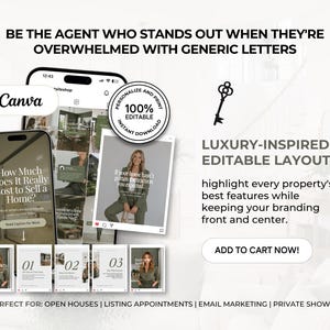 The image is an advertisement for a real estate app called Canva, which offers customizable and printable editable layouts for real estate listings. The app provides a luxury-inspired editable layout that highlights the best features of each property, allowing agents to keep their branding front and center. The app is perfect for open houses, listing appointments, email marketing, and private showings.