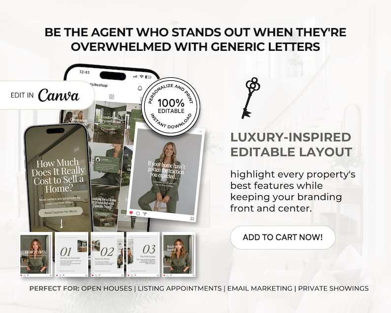 The image is an advertisement for a real estate app called Canva, which offers customizable and printable editable layouts for real estate listings. The app provides a luxury-inspired editable layout that highlights the best features of each property, allowing agents to keep their branding front and center. The app is perfect for open houses, listing appointments, email marketing, and private showings.