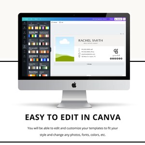 May include: A computer screen displaying a website with a real estate agent's business card template. The template is customizable and features a green landscape illustration, contact information, and a logo. The text on the template reads "RACHEL SMITH REAL ESTATE AGENT". The website is being edited in Canva.