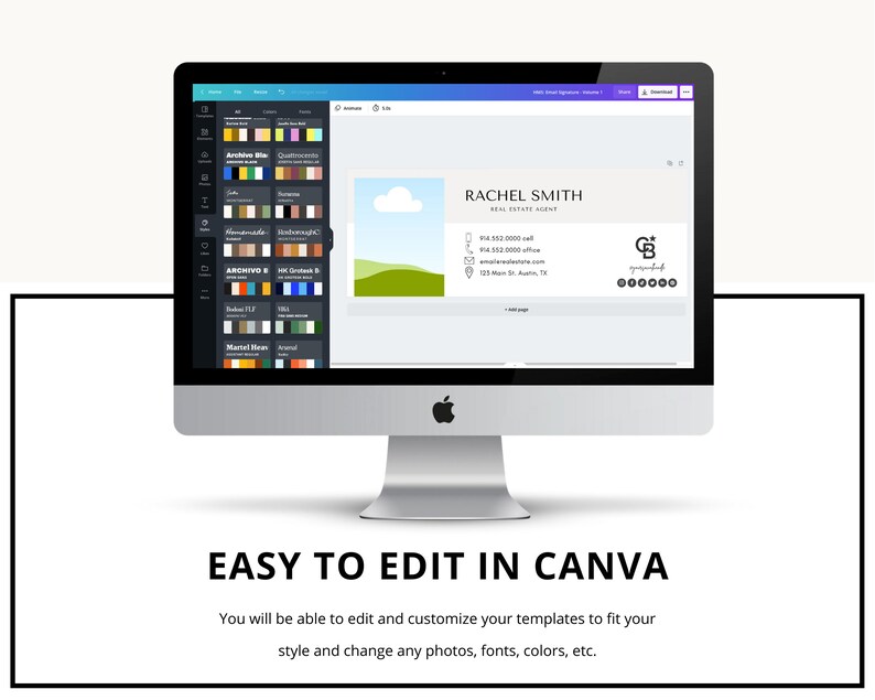 May include: A computer screen displaying a website with a real estate agent's business card template. The template is customizable and features a green landscape illustration, contact information, and a logo. The text on the template reads "RACHEL SMITH REAL ESTATE AGENT". The website is being edited in Canva.