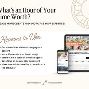 May include: A promotional graphic with the text "What's an Hour of Your Time Worth?" and "Engage More Clients and Showcase Your Expertise!" A tablet and smartphone display a video titled "Your Home in Neighborhood Could Be Worth More Than You Think."
