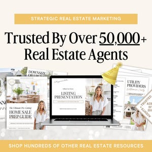 May include: Image promoting real estate marketing resources. Text reads "Strategic Real Estate Marketing" and "Trusted By Over 50,000+ Real Estate Agents." A laptop displays a presentation, surrounded by guides and documents.
