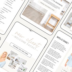May include: A welcome pack for new clients featuring a photo of a woman and the text "new client - welcome packet - helping you find home" and "welcome!" with a photo of a woman and text about helping clients navigate the home buying process.