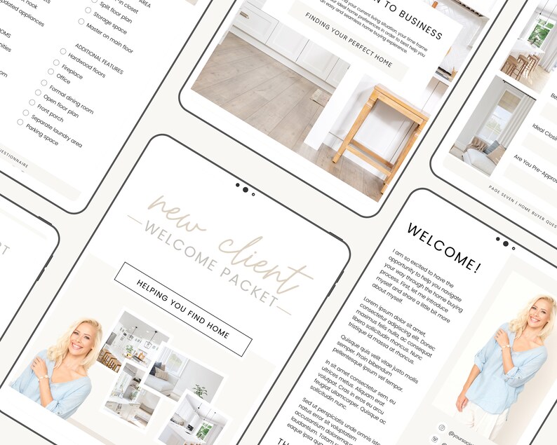 May include: A welcome pack for new clients featuring a photo of a woman and the text "new client - welcome packet - helping you find home" and "welcome!" with a photo of a woman and text about helping clients navigate the home buying process.