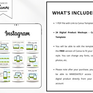 May include: A digital product mockup template for Instagram featuring 24 different layouts. The template is designed to be used with Canva and includes a PDF file with a link to the templates. The text "WHAT'S INCLUDED" is displayed in black text on a white background.