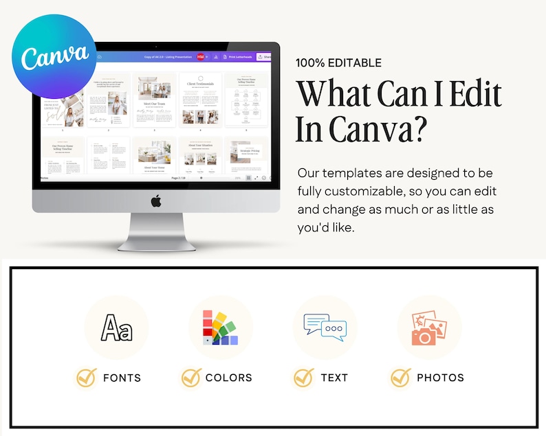 May include: A silver iMac computer displays a Canva template with various design elements. The screen shows a presentation layout with images and text. The image includes the Canva logo, the text "What Can I Edit In Canva?" and icons for fonts, colors, text, and photos.