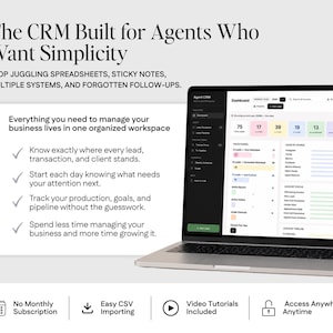 The image is a promotional image for a CRM (Customer Relationship Management) software designed for agents who want simplicity in managing their business. It features a laptop displaying the CRM interface, along with text highlighting the features and benefits of the software.
