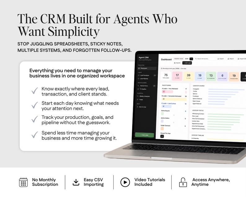 The image is a promotional image for a CRM (Customer Relationship Management) software designed for agents who want simplicity in managing their business. It features a laptop displaying the CRM interface, along with text highlighting the features and benefits of the software.