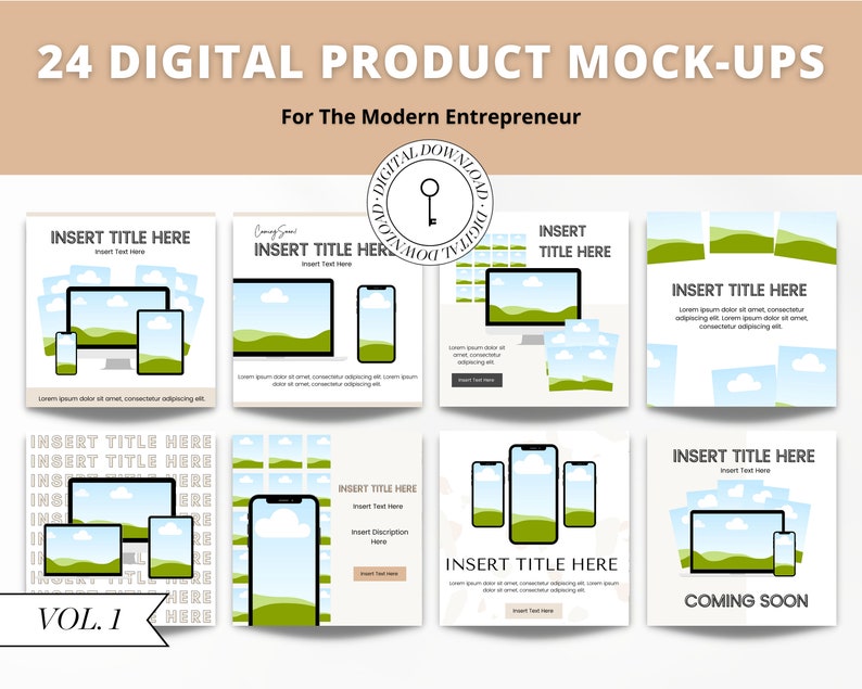 May include: A set of 24 digital product mockups for modern entrepreneurs. The mockups feature various devices, including phones, tablets, and laptops, with a green and blue landscape background. The text "INSERT TITLE HERE" appears on each mockup.